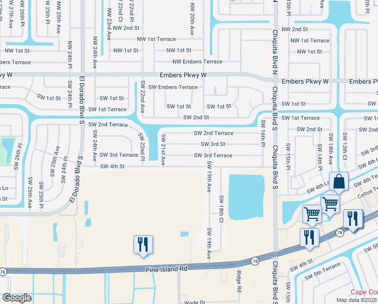 map of restaurants, bars, coffee shops, grocery stores, and more near 1916 Southwest 3rd Terrace in Cape Coral