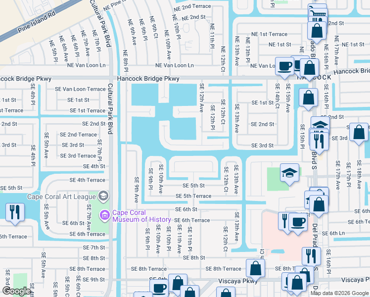 map of restaurants, bars, coffee shops, grocery stores, and more near 1027 Southeast 4th Street in Cape Coral