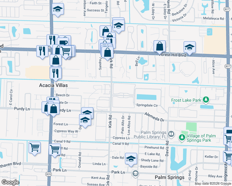 map of restaurants, bars, coffee shops, grocery stores, and more near 2050 Springdale Boulevard in Palm Springs
