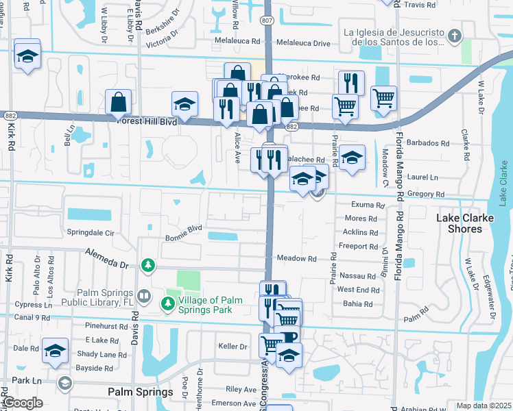 map of restaurants, bars, coffee shops, grocery stores, and more near 2085 South Congress Avenue in Palm Springs
