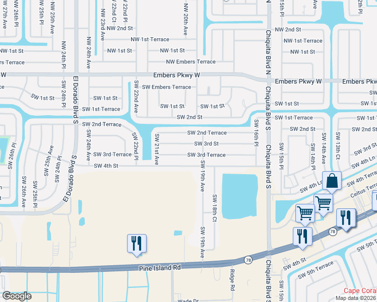 map of restaurants, bars, coffee shops, grocery stores, and more near 1916 Southwest 3rd Terrace in Cape Coral