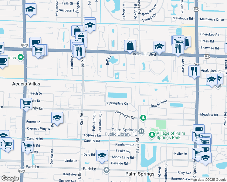 map of restaurants, bars, coffee shops, grocery stores, and more near 123 Springdale Circle in Palm Springs