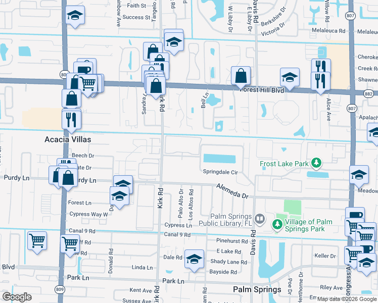 map of restaurants, bars, coffee shops, grocery stores, and more near 3100 Springdale Boulevard in Palm Springs