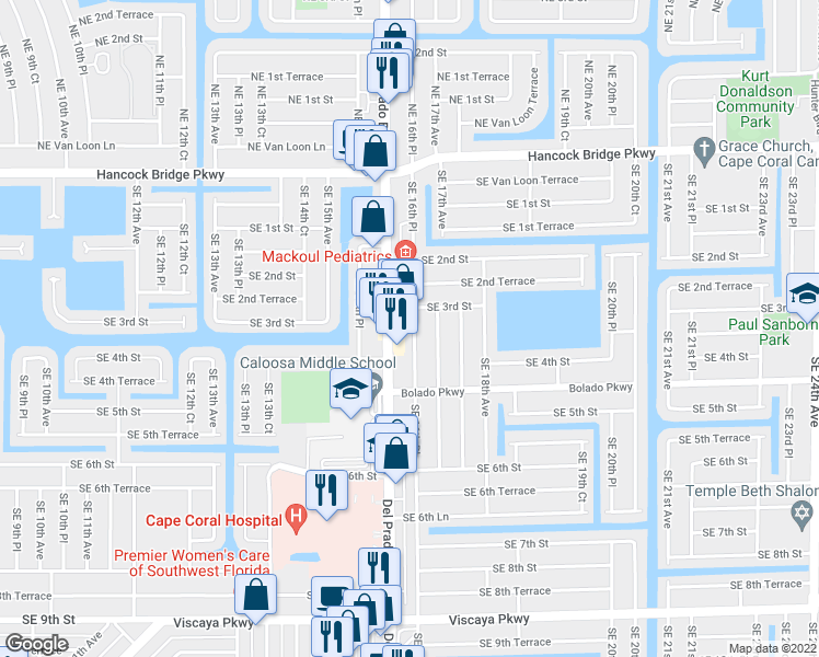 map of restaurants, bars, coffee shops, grocery stores, and more near 314 Southeast 16th Place in Cape Coral