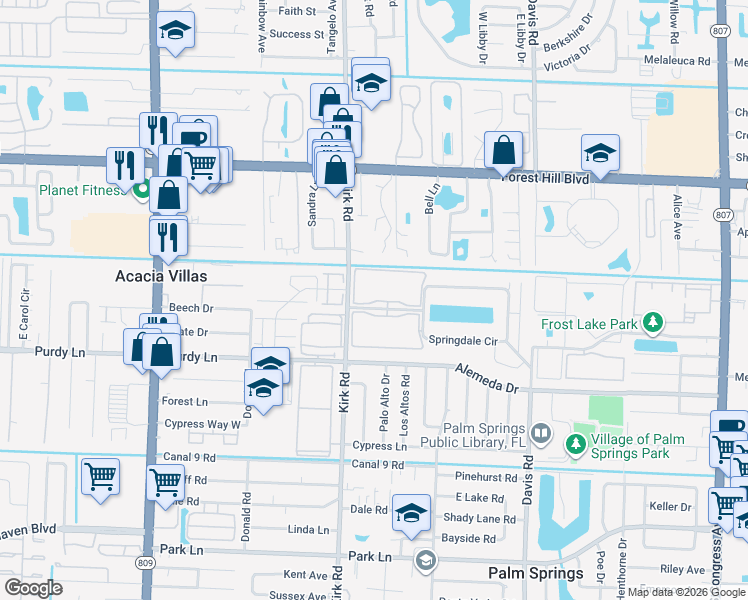 map of restaurants, bars, coffee shops, grocery stores, and more near 2050 Springdale Boulevard in Palm Springs