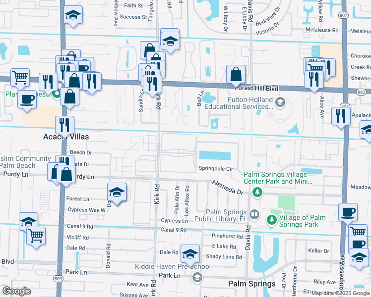 map of restaurants, bars, coffee shops, grocery stores, and more near 2000 Springdale Boulevard in Palm Springs