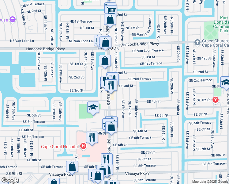 map of restaurants, bars, coffee shops, grocery stores, and more near 311 Del Prado Boulevard South in Cape Coral