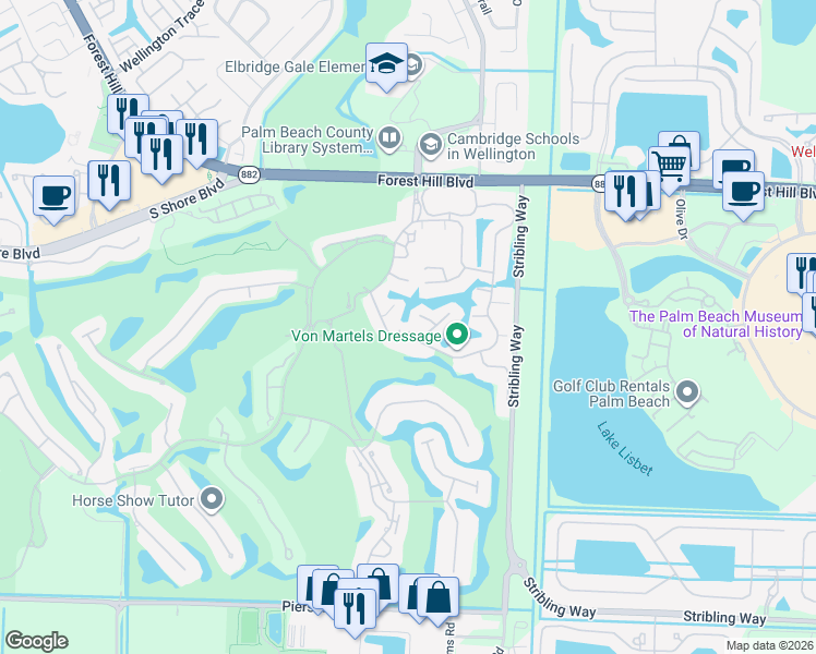 map of restaurants, bars, coffee shops, grocery stores, and more near 11830 Pebblewood Drive in Wellington