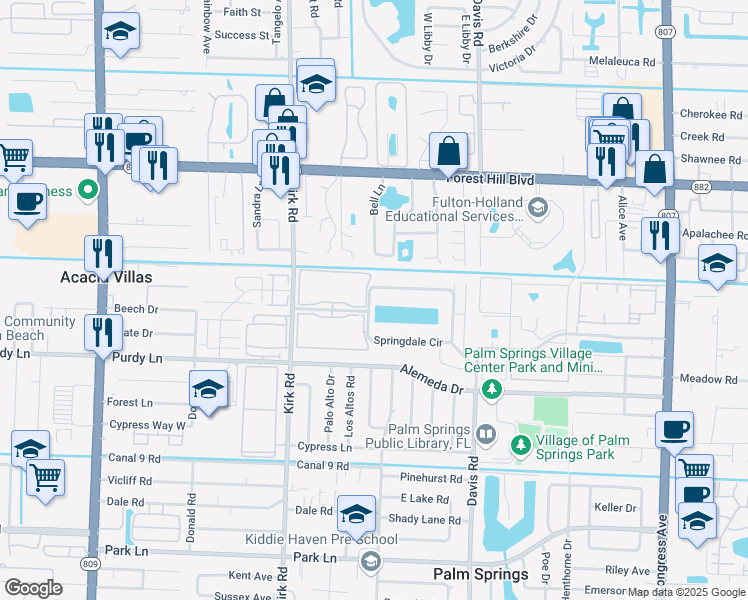 map of restaurants, bars, coffee shops, grocery stores, and more near 43 Springdale Circle in Palm Springs