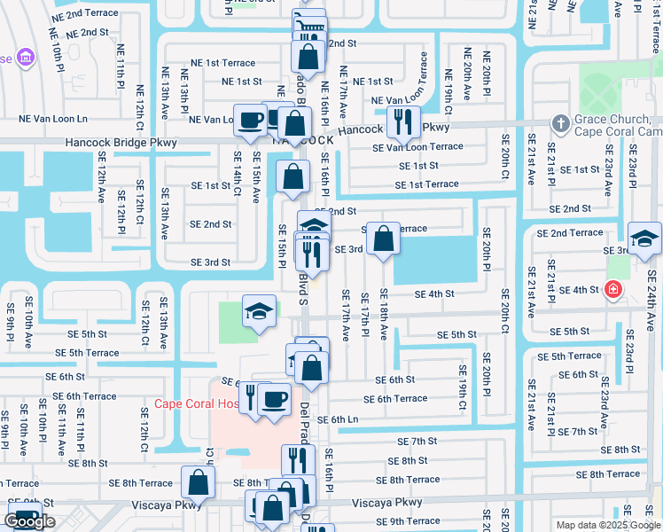 map of restaurants, bars, coffee shops, grocery stores, and more near 313 Southeast 16th Place in Cape Coral