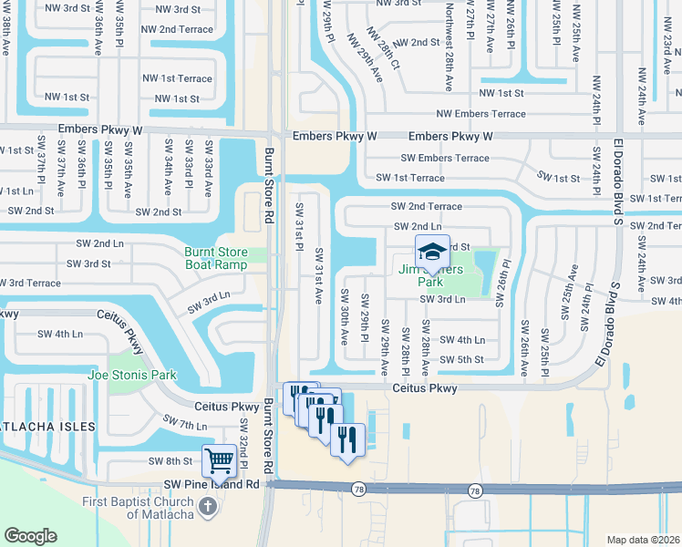 map of restaurants, bars, coffee shops, grocery stores, and more near 324 Southwest 30th Avenue in Cape Coral