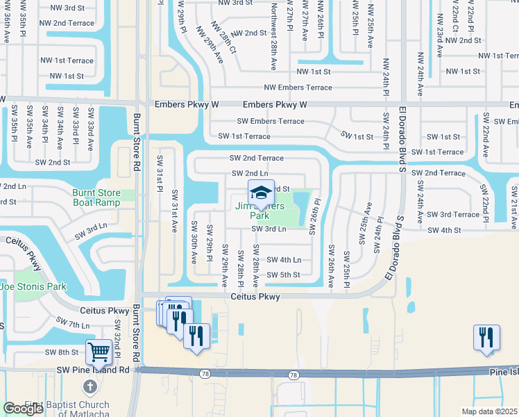 map of restaurants, bars, coffee shops, grocery stores, and more near 2817 Southwest 3rd Lane in Cape Coral