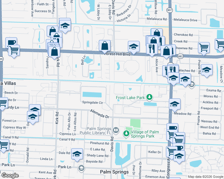 map of restaurants, bars, coffee shops, grocery stores, and more near 414 Springdale Circle in Palm Springs