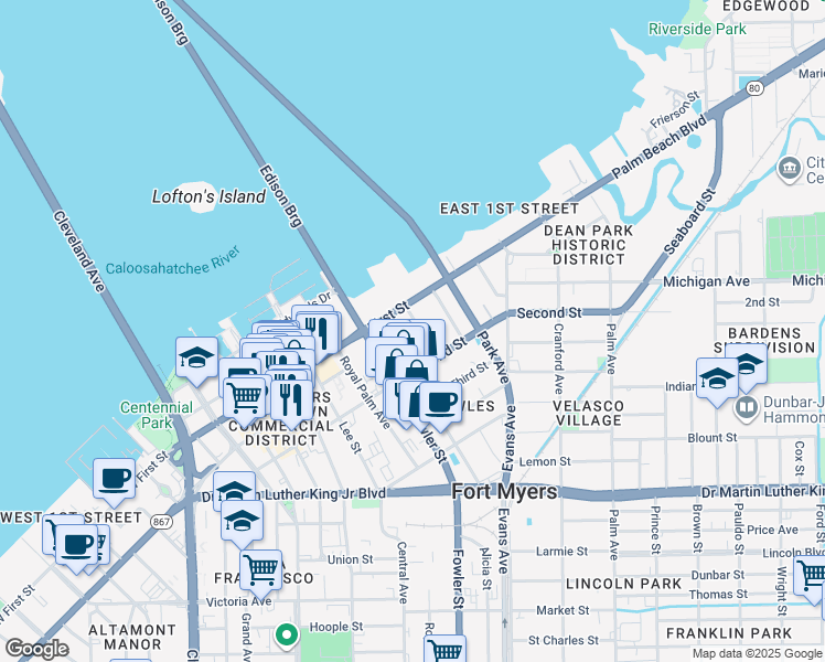 map of restaurants, bars, coffee shops, grocery stores, and more near 1616 Woodford Avenue in Fort Myers