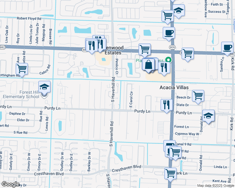 map of restaurants, bars, coffee shops, grocery stores, and more near 2147 49th Avenue South in West Palm Beach