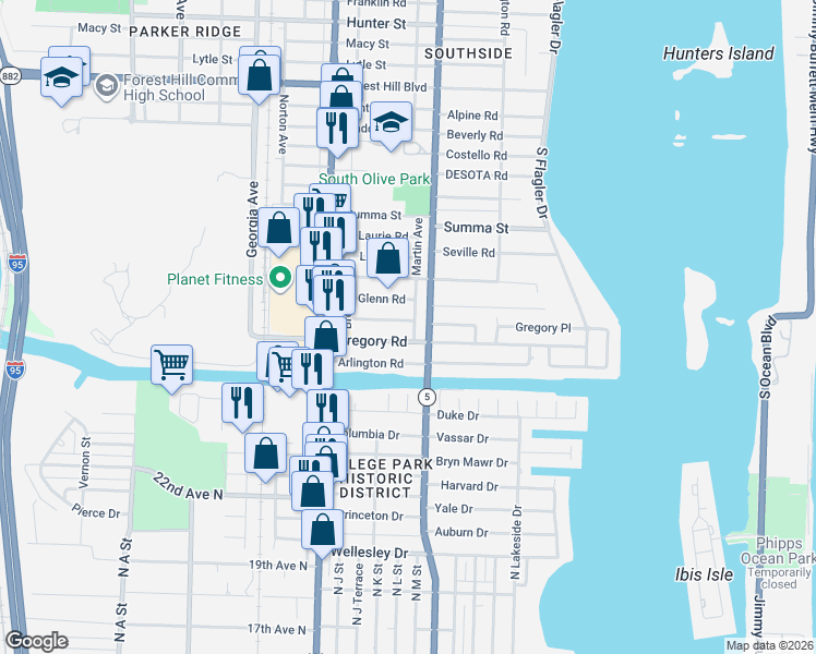 map of restaurants, bars, coffee shops, grocery stores, and more near 310 Orange Way in West Palm Beach