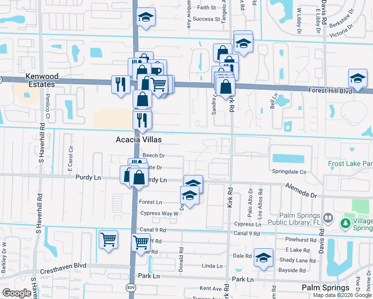 map of restaurants, bars, coffee shops, grocery stores, and more near 274 Woodland Road in Palm Springs