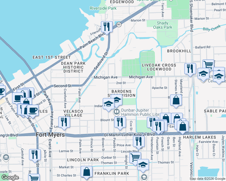 map of restaurants, bars, coffee shops, grocery stores, and more near 3012 Guava Street in Fort Myers