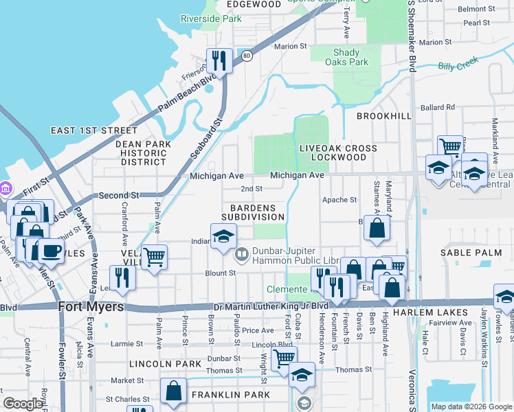 map of restaurants, bars, coffee shops, grocery stores, and more near in Fort Myers