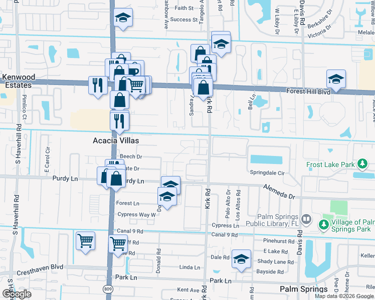 map of restaurants, bars, coffee shops, grocery stores, and more near 171 Woodland Road in Palm Springs