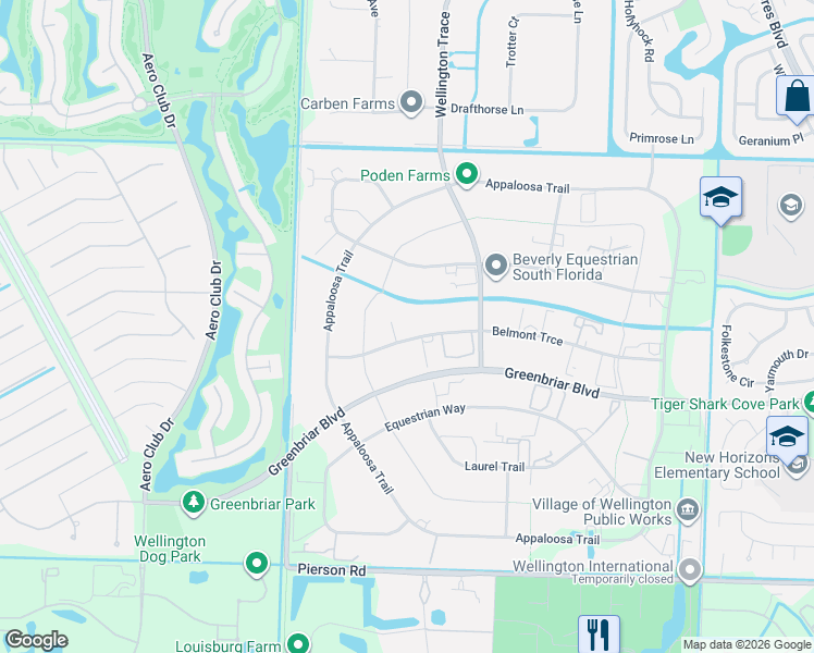 map of restaurants, bars, coffee shops, grocery stores, and more near 14565 Belmont Trce in Wellington