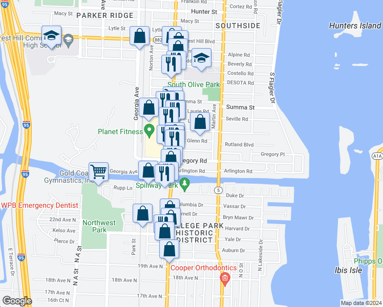 map of restaurants, bars, coffee shops, grocery stores, and more near 356 Orange Way in West Palm Beach