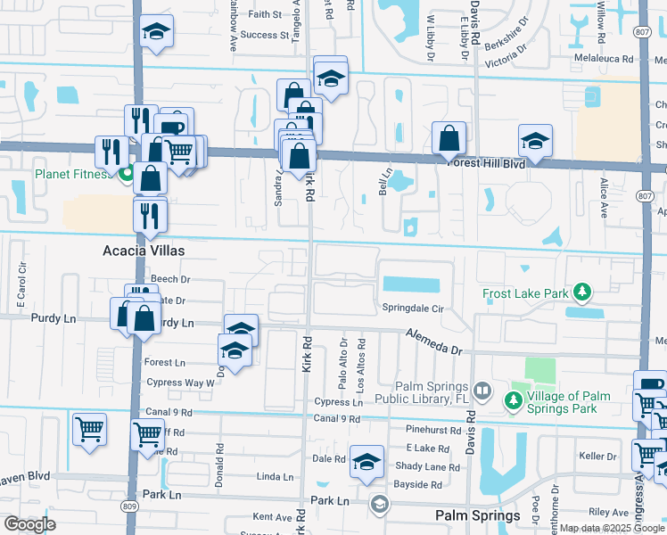 map of restaurants, bars, coffee shops, grocery stores, and more near 2050 Springdale Boulevard in Palm Springs