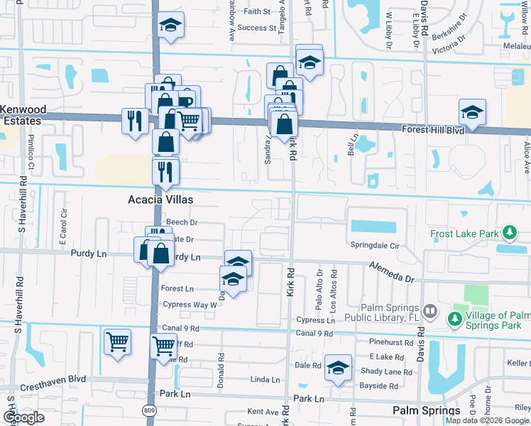 map of restaurants, bars, coffee shops, grocery stores, and more near 171 Woodland Road in Palm Springs
