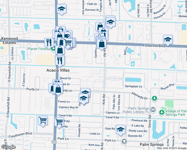 map of restaurants, bars, coffee shops, grocery stores, and more near 178 Woodland Road in Palm Springs