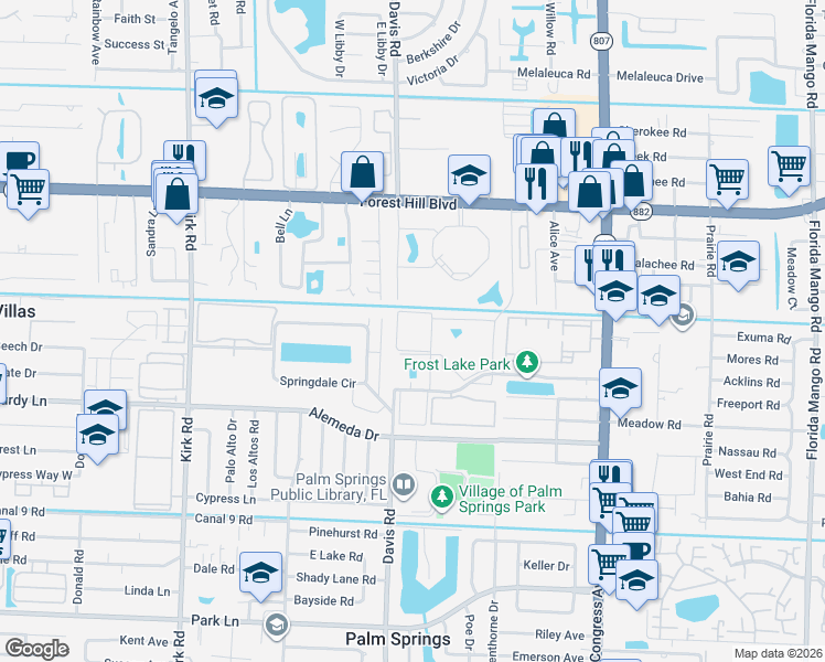 map of restaurants, bars, coffee shops, grocery stores, and more near 506 Davis Road in Palm Springs