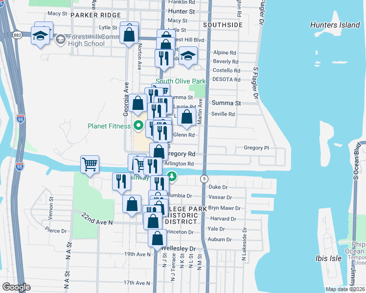 map of restaurants, bars, coffee shops, grocery stores, and more near 332 Gregory Road in West Palm Beach