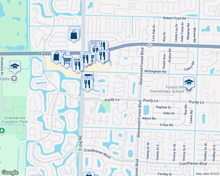 map of restaurants, bars, coffee shops, grocery stores, and more near 60c White Pine Circle in Greenacres
