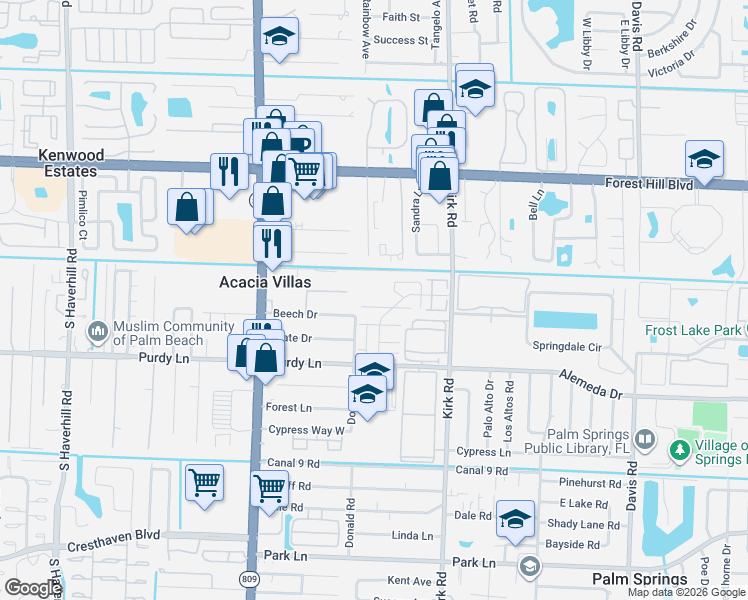 map of restaurants, bars, coffee shops, grocery stores, and more near 274 Woodland Road in Palm Springs