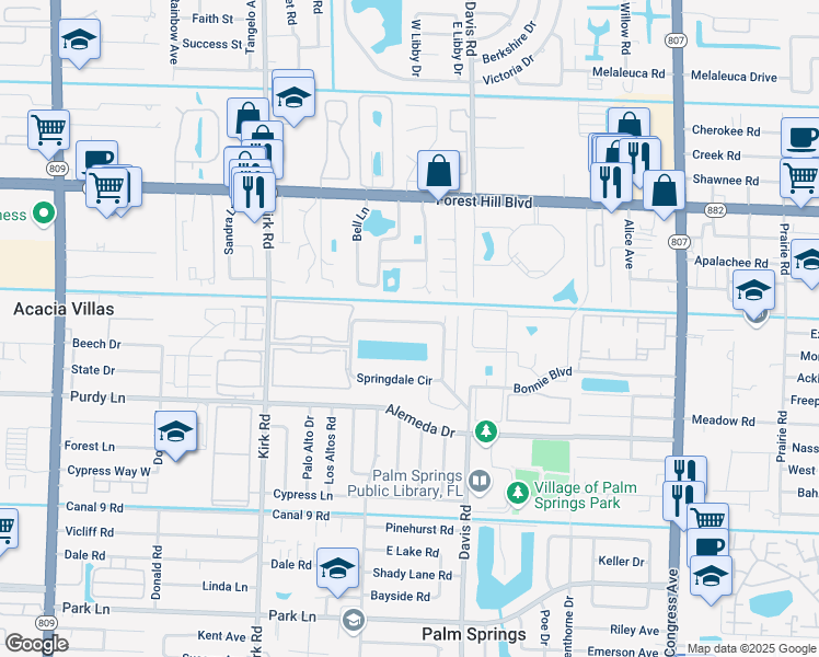 map of restaurants, bars, coffee shops, grocery stores, and more near 243 Springdale Circle in Palm Springs