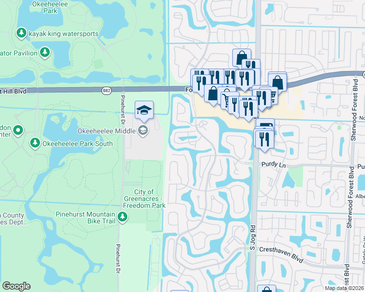 map of restaurants, bars, coffee shops, grocery stores, and more near 2245 Soundings Court in Greenacres