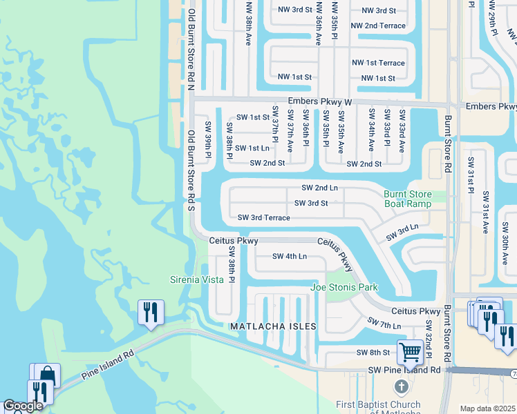 map of restaurants, bars, coffee shops, grocery stores, and more near 3728 Southwest 3rd Street in Cape Coral