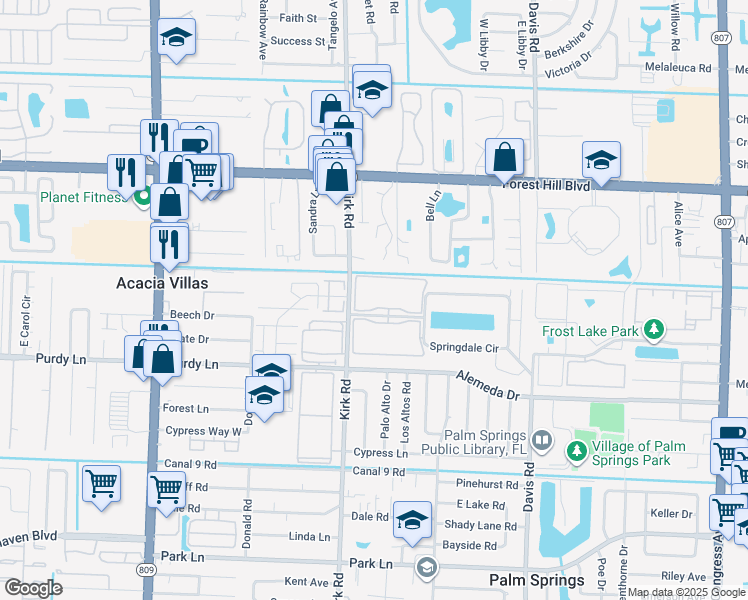 map of restaurants, bars, coffee shops, grocery stores, and more near 2050 Springdale Boulevard in Palm Springs