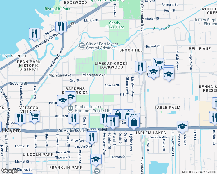 map of restaurants, bars, coffee shops, grocery stores, and more near 3332 Apache Street in Fort Myers