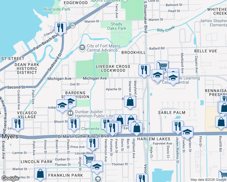 map of restaurants, bars, coffee shops, grocery stores, and more near 1765 Henderson Avenue in Fort Myers