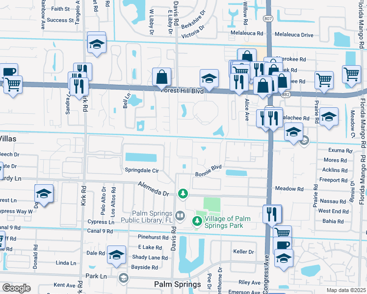 map of restaurants, bars, coffee shops, grocery stores, and more near 506 Davis Road in Palm Springs