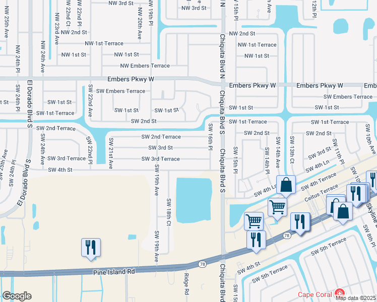 map of restaurants, bars, coffee shops, grocery stores, and more near 1700 Southwest 3rd Terrace in Cape Coral