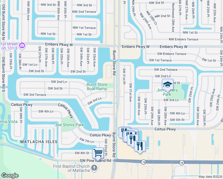 map of restaurants, bars, coffee shops, grocery stores, and more near 307 Southwest 32nd Place in Cape Coral