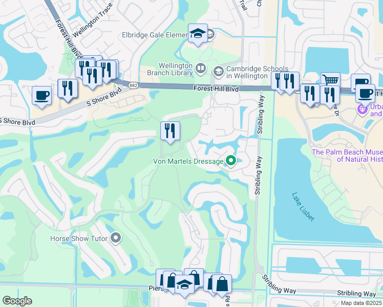 map of restaurants, bars, coffee shops, grocery stores, and more near 11861 Pebblewood Drive in Wellington