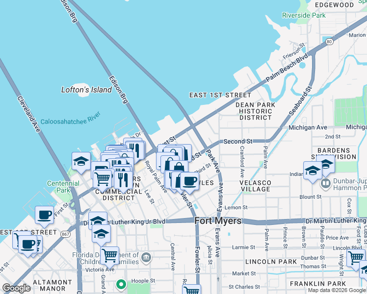 map of restaurants, bars, coffee shops, grocery stores, and more near 1616 Woodford Avenue in Fort Myers