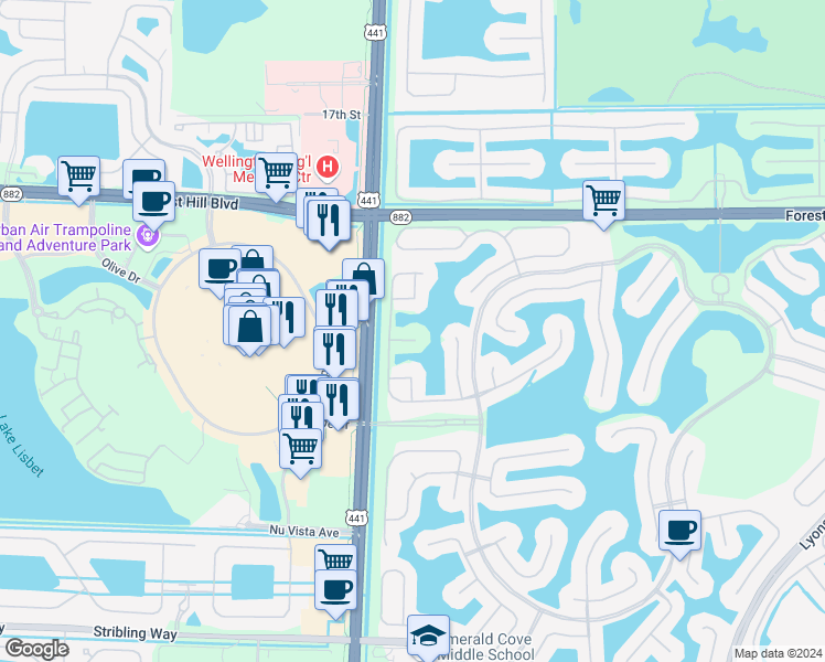 map of restaurants, bars, coffee shops, grocery stores, and more near 9851 Woolworth Court in Wellington