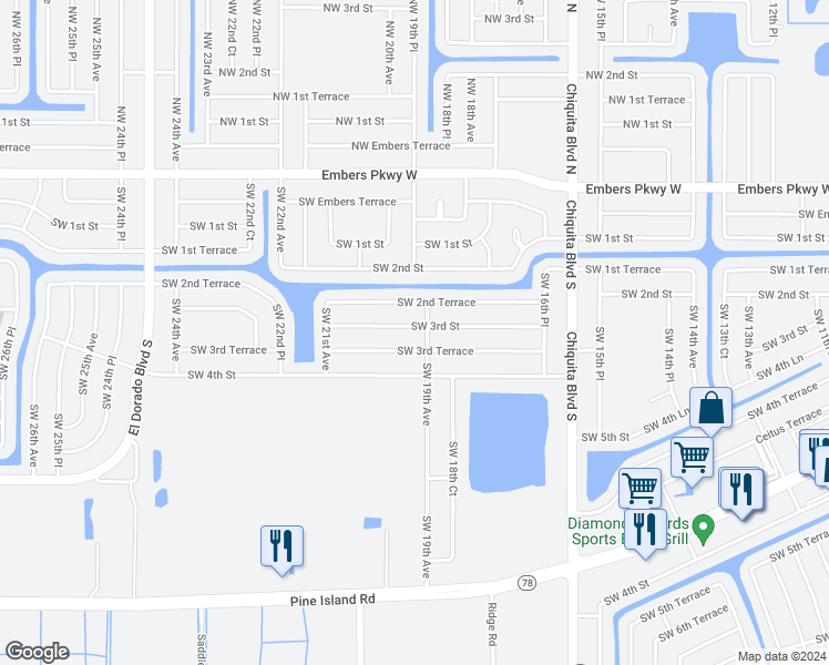 map of restaurants, bars, coffee shops, grocery stores, and more near 1904 Southwest 3rd Street in Cape Coral