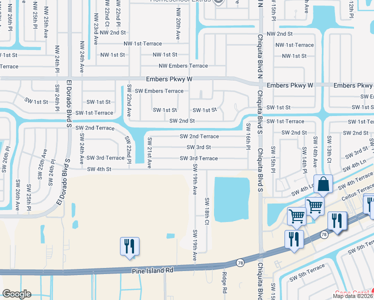map of restaurants, bars, coffee shops, grocery stores, and more near 1916 Southwest 3rd Terrace in Cape Coral