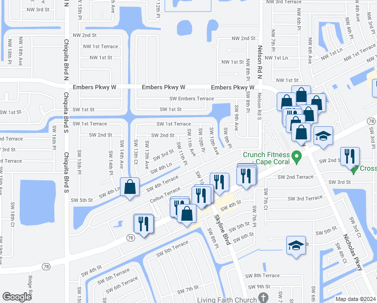 map of restaurants, bars, coffee shops, grocery stores, and more near 218 Southwest 11th Avenue in Cape Coral