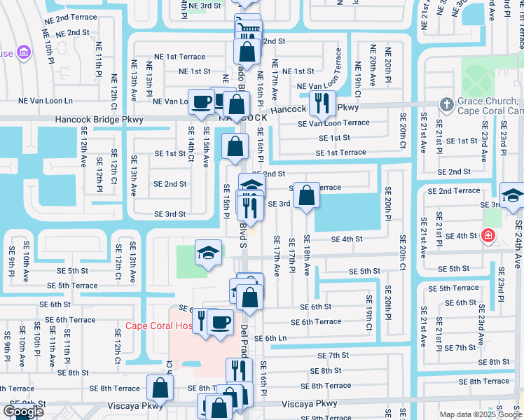 map of restaurants, bars, coffee shops, grocery stores, and more near 217 Del Prado Boulevard South in Cape Coral
