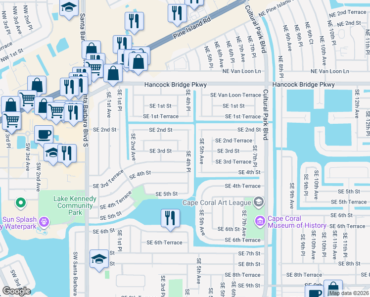 map of restaurants, bars, coffee shops, grocery stores, and more near 224 Southeast 4th Place in Cape Coral